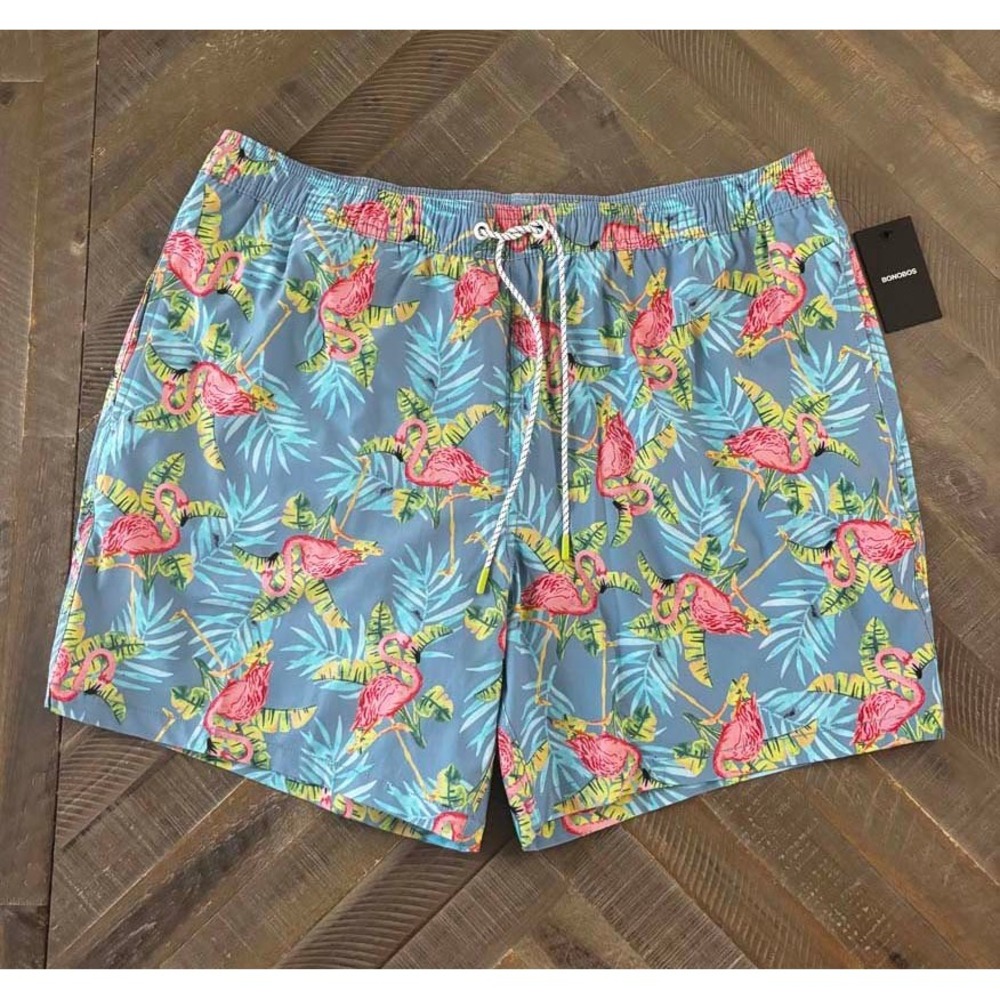 Bonobos Mens Flamingo Tropical Print Swim Trunks Light Blue XL BOE26115RO NWT